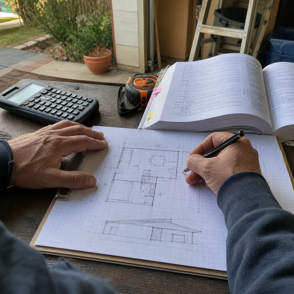 Designer drawing architectural plans for an accessory dwelling unit project