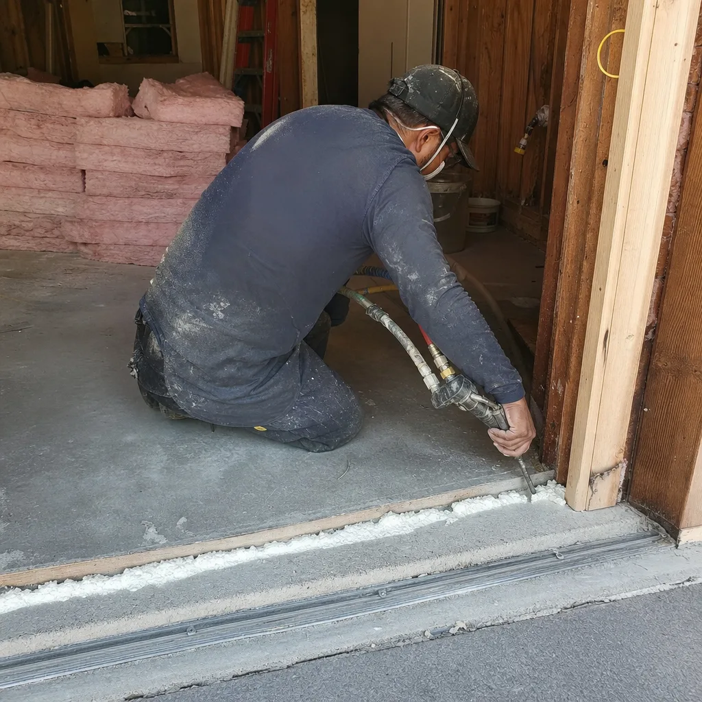 Contractor sealing garage threshold during an ADU conversion project