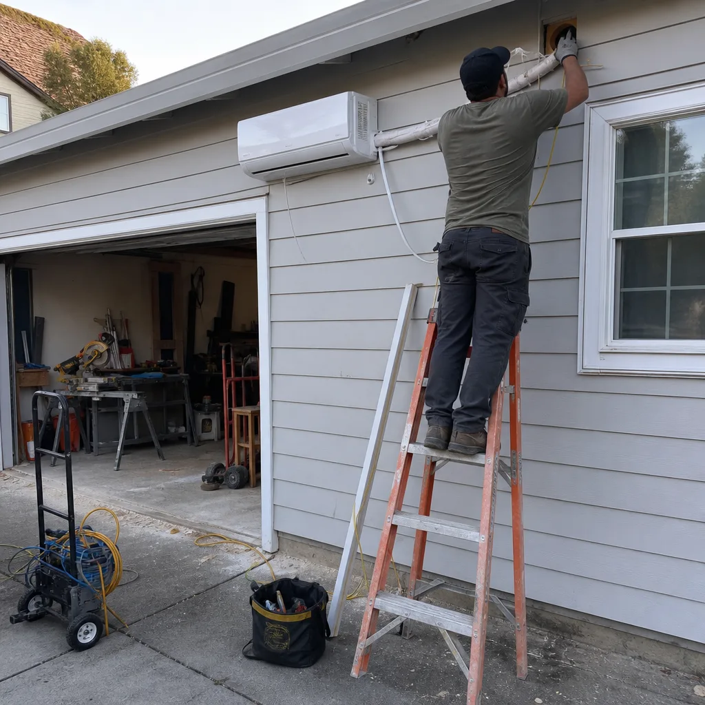 contractor installing ductless mini-split air conditioner on garage conversion