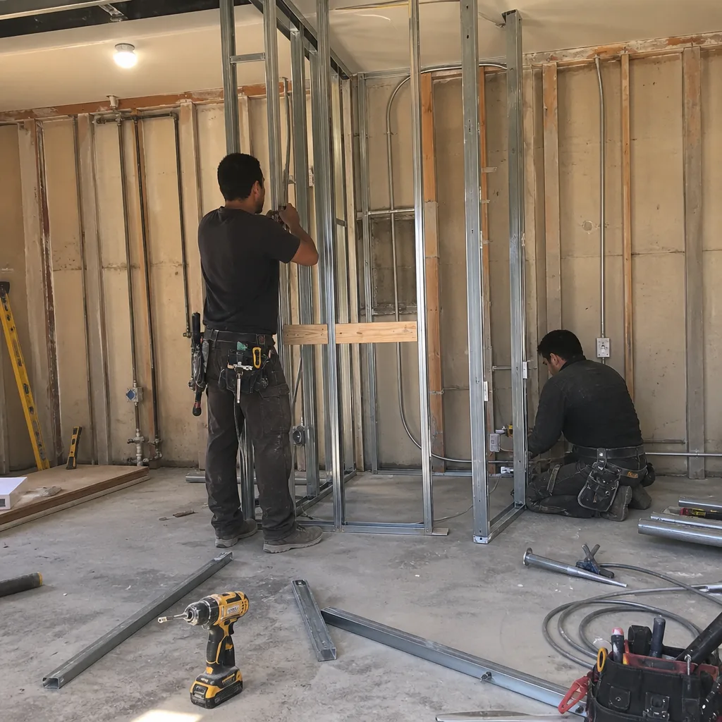 Contractors installing metal wall studs for a residential garage conversion ADU
