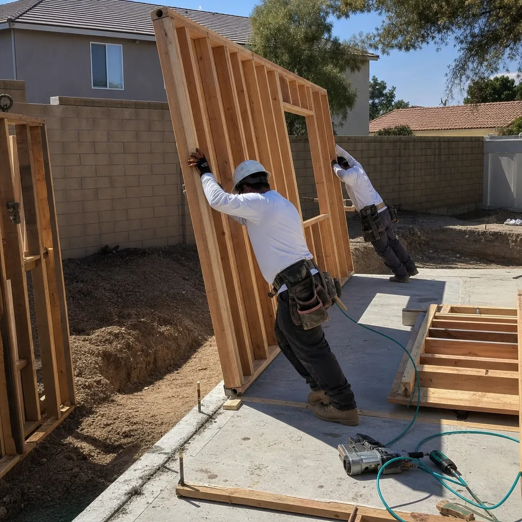 Construction workers installing wooden wall framing for a detached ADU.