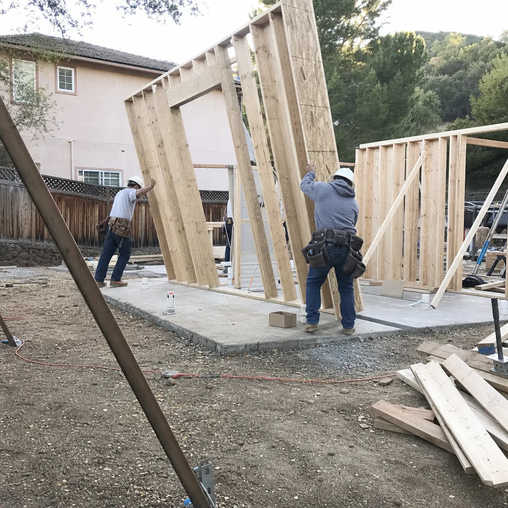 Construction workers installing a prefabricated wall frame for a detached ADU.