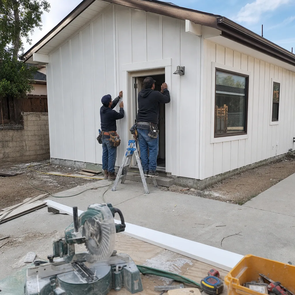 Two construction workers installing exterior trim on a modern detached ADU.
